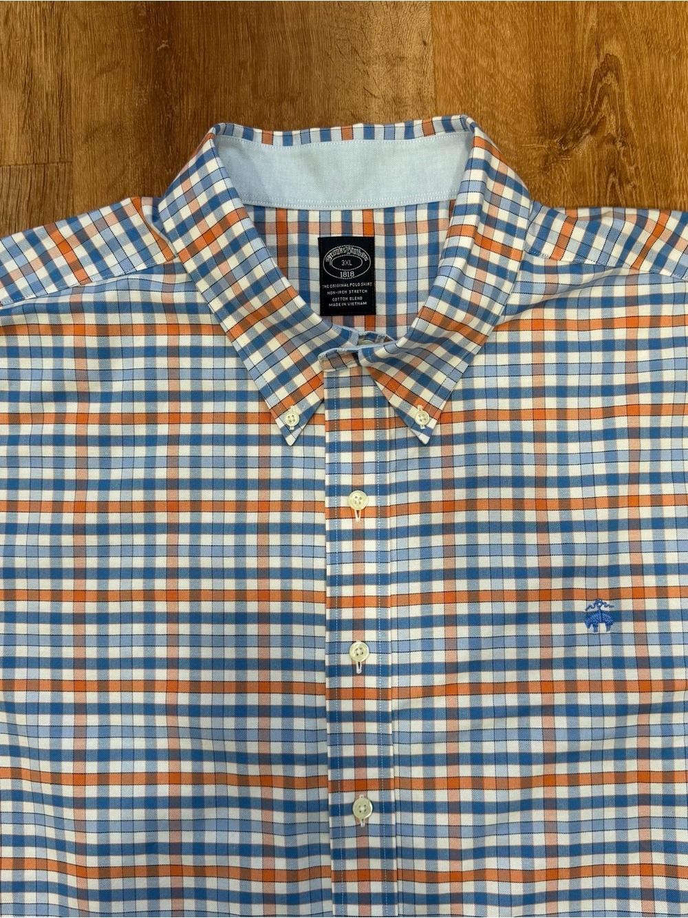 Brooks Brothers Shirt Mens 3XL Plaid Blue Orange Cotton Short Sleeve Button Down